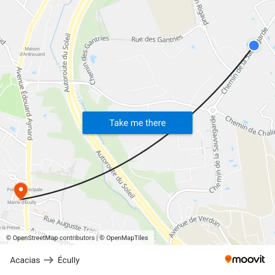 Acacias to Écully map