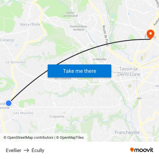 Evellier to Écully map