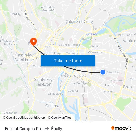 Feuillat Campus Pro to Écully map