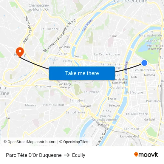 Parc Tête D'Or Duquesne to Écully map