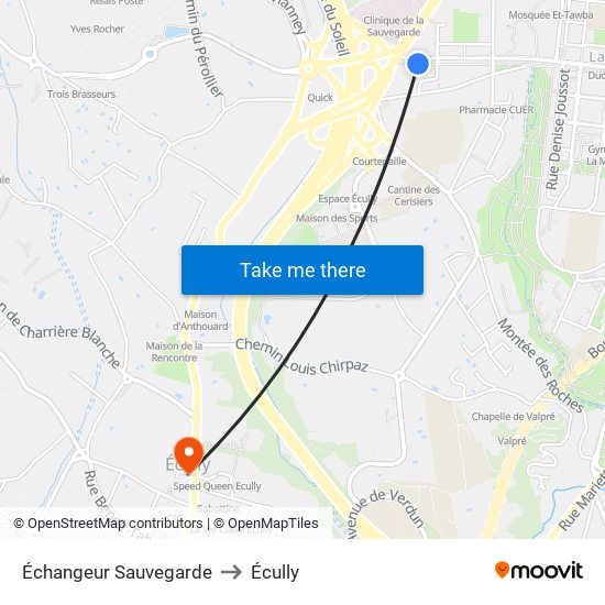 Échangeur Sauvegarde to Écully map