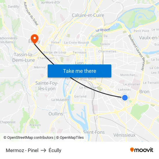 Mermoz - Pinel to Écully map