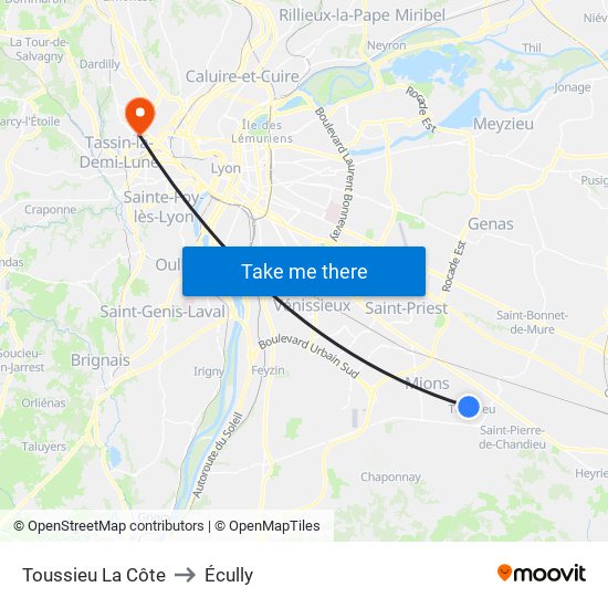 Toussieu La Côte to Écully map