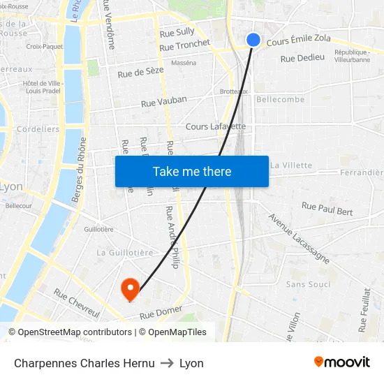 Charpennes Charles Hernu to Lyon map