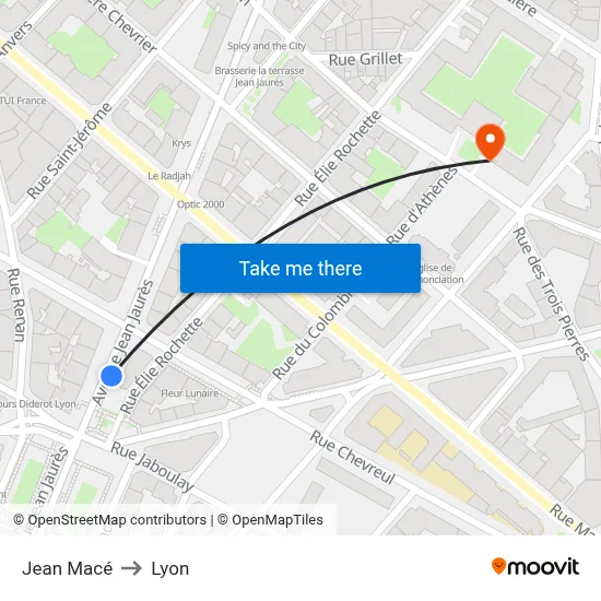Jean Macé to Lyon map