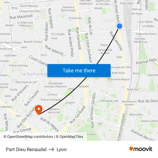 Part-Dieu Renaudel to Lyon map