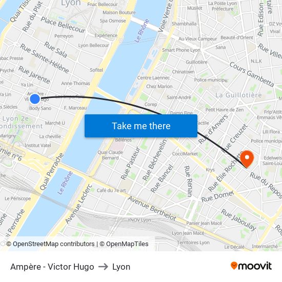 Ampère - Victor Hugo to Lyon map
