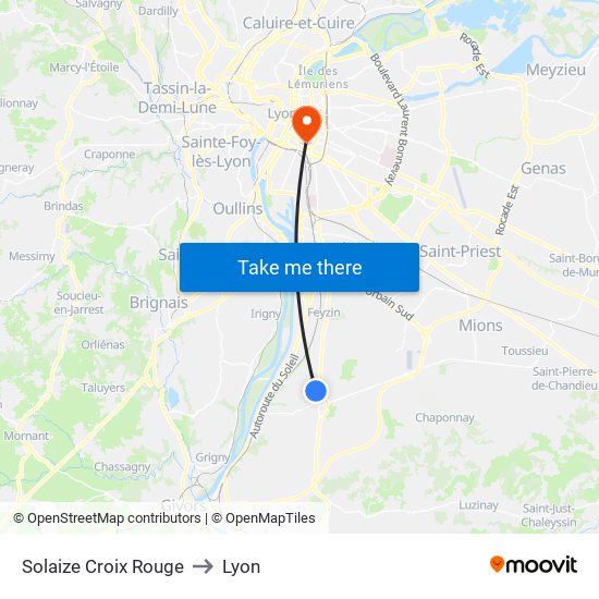 Solaize Croix Rouge to Lyon map