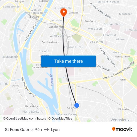 St Fons Gabriel Péri to Lyon map