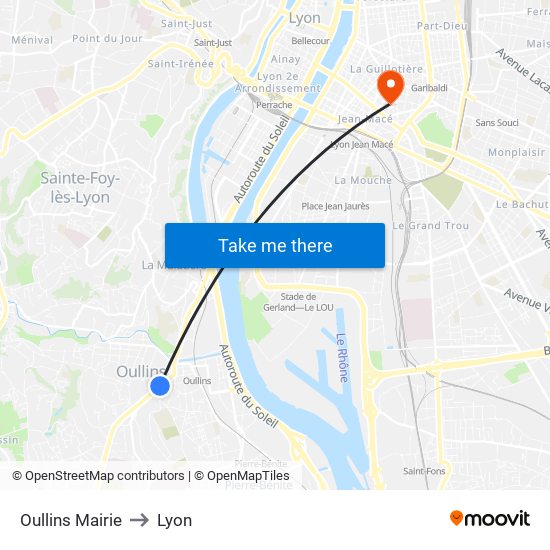 Oullins Mairie to Lyon map