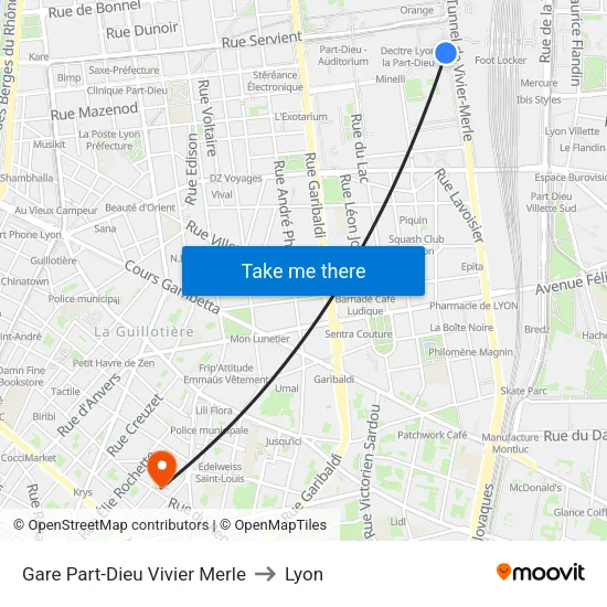 Gare Part-Dieu Vivier Merle to Lyon map