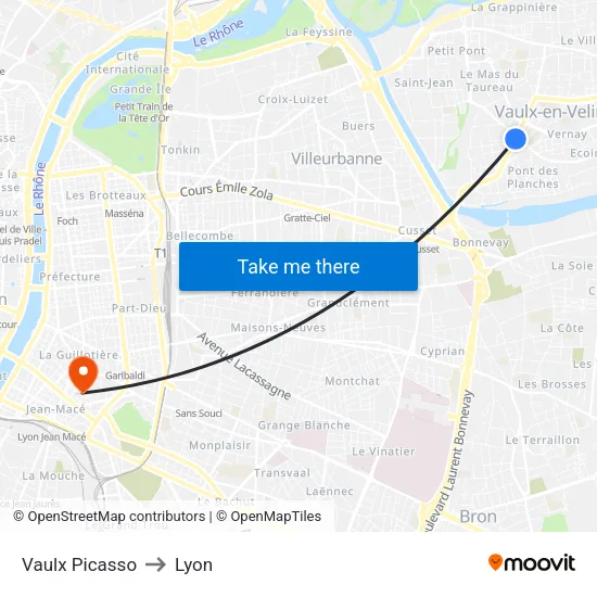 Vaulx Picasso to Lyon map