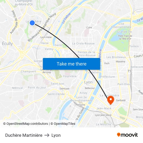 Duchère Martinière to Lyon map