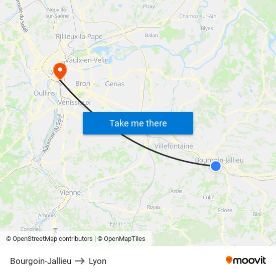 Bourgoin-Jallieu to Lyon map