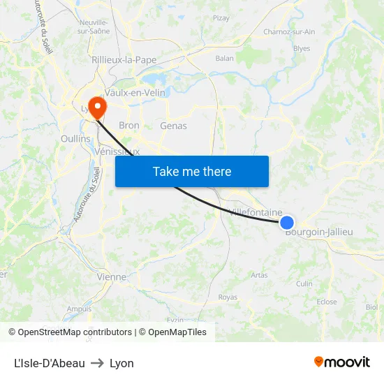 L'Isle-D'Abeau to Lyon map