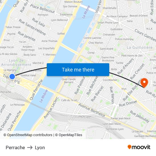 Perrache to Lyon map