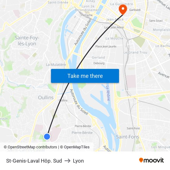 St-Genis-Laval Hôp. Sud to Lyon map