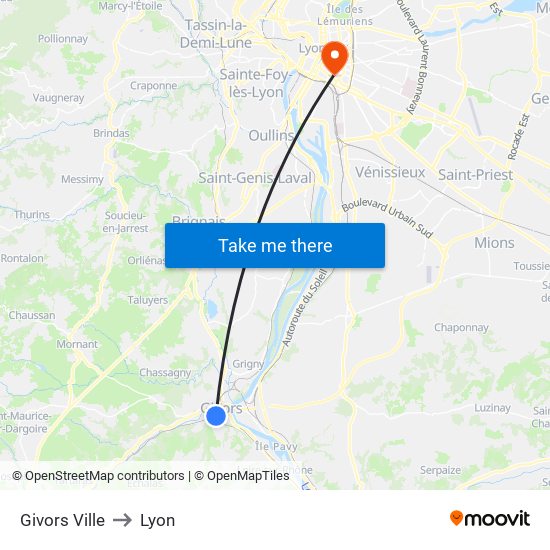 Givors Ville to Lyon map