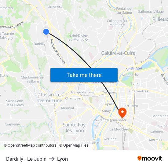 Dardilly - Le Jubin to Lyon map