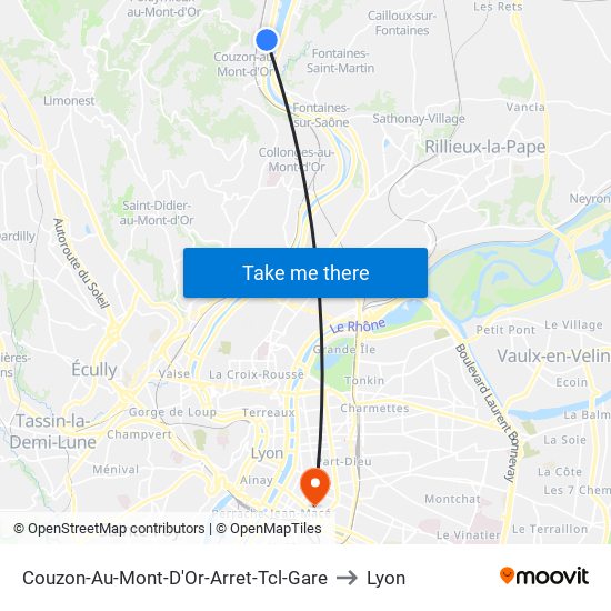 Couzon-Au-Mont-D'Or-Arret-Tcl-Gare to Lyon map