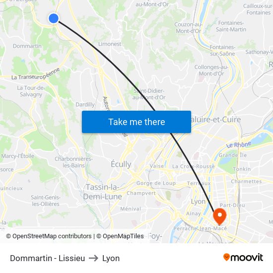 Dommartin - Lissieu to Lyon map