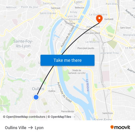 Oullins Ville to Lyon map