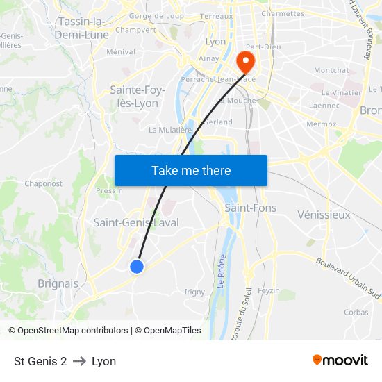 St Genis 2 to Lyon map
