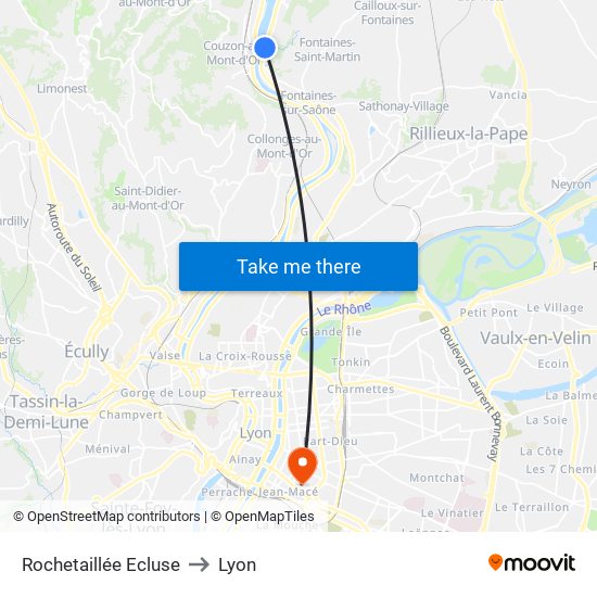 Rochetaillée Ecluse to Lyon map