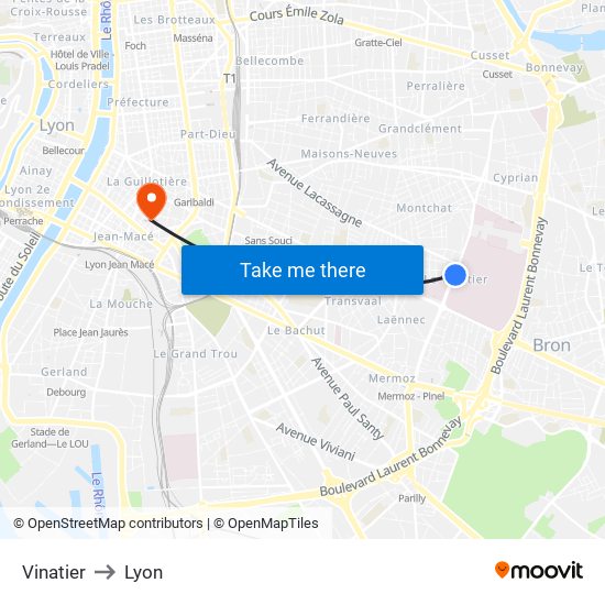 Vinatier to Lyon map