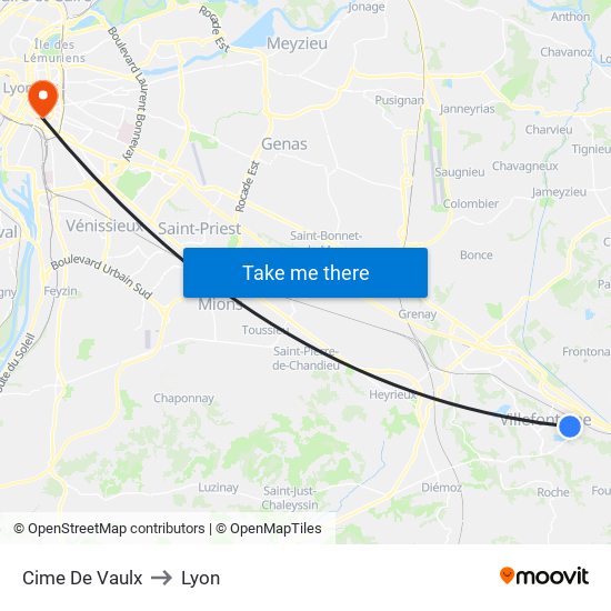 Cime De Vaulx to Lyon map