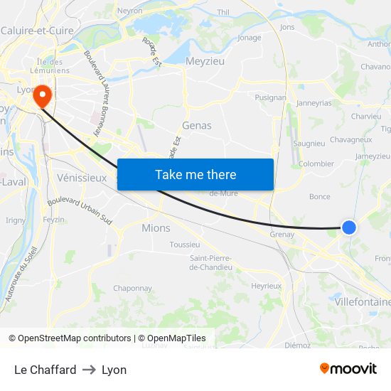 Le Chaffard to Lyon map