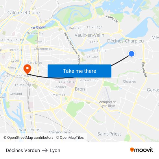 Décines Verdun to Lyon map