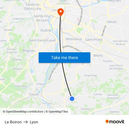 Le Boiron to Lyon map
