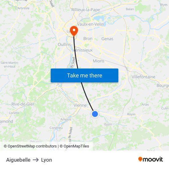Aiguebelle to Lyon map