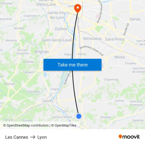 Les Cannes to Lyon map