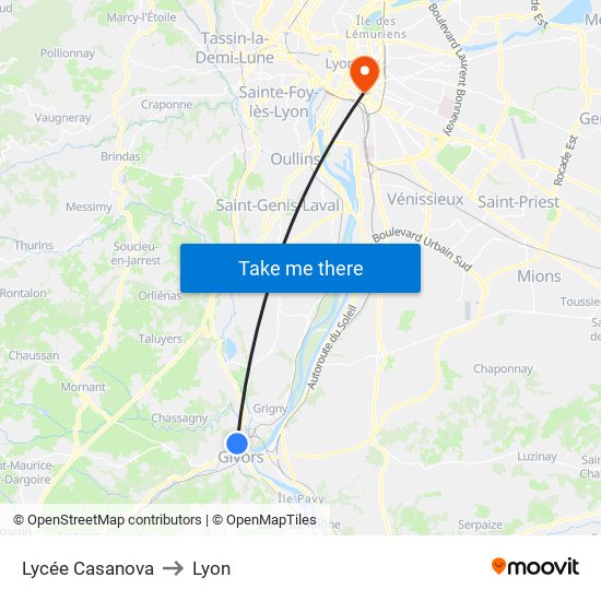 Lycée Casanova to Lyon map