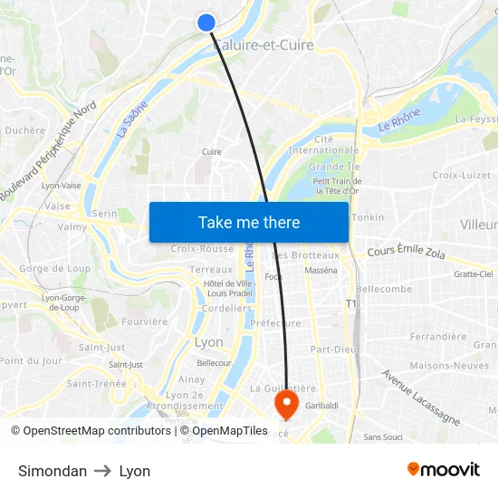 Simondan to Lyon map