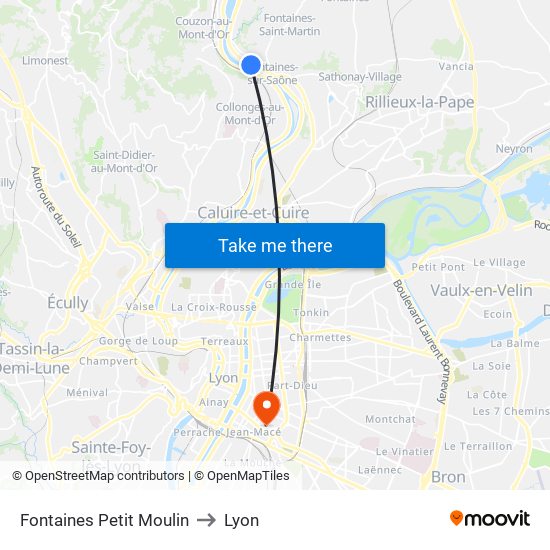 Fontaines Petit Moulin to Lyon map