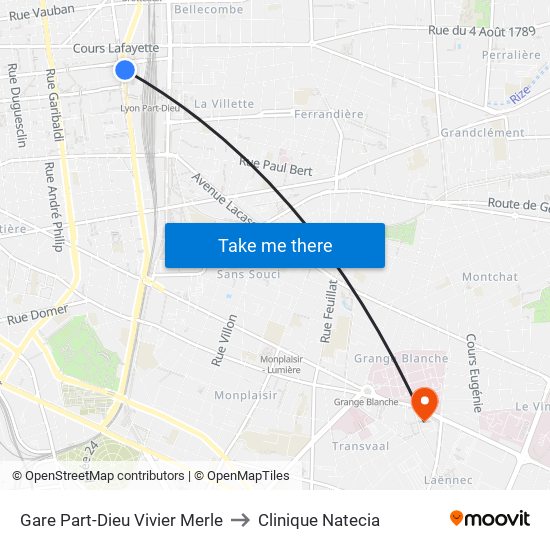 Gare Part-Dieu Vivier Merle to Clinique Natecia map