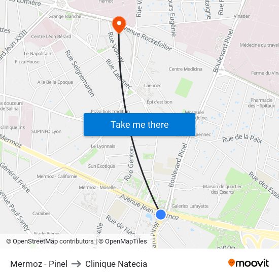 Mermoz - Pinel to Clinique Natecia map