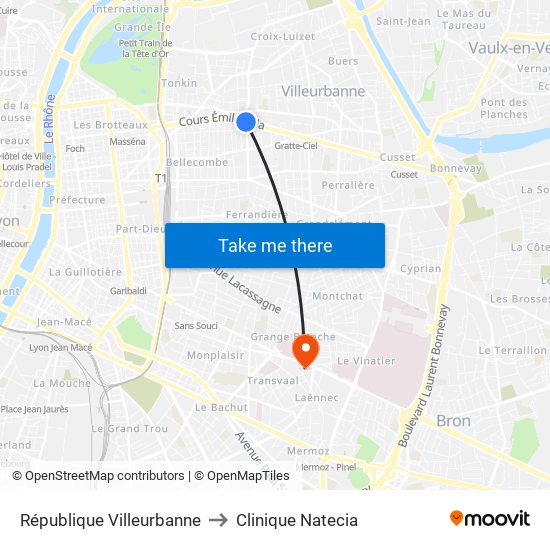 République Villeurbanne to Clinique Natecia map