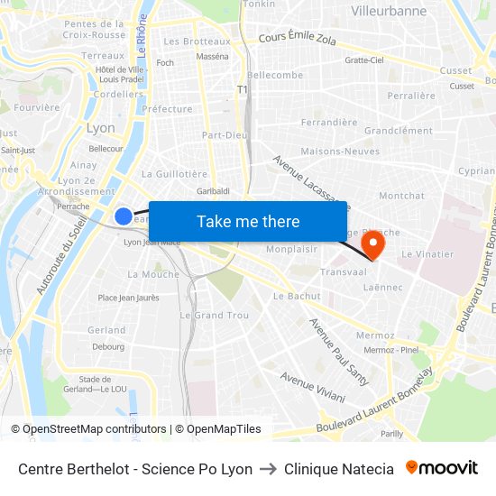 Centre Berthelot - Science Po Lyon to Clinique Natecia map