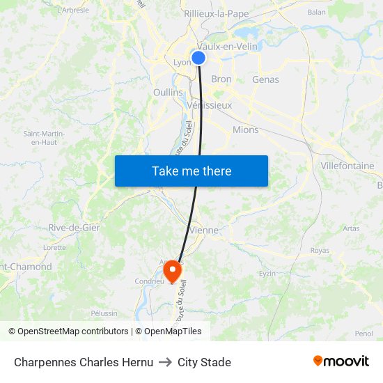 Charpennes Charles Hernu to City Stade map