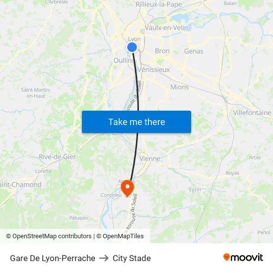 Gare De Lyon-Perrache to City Stade map