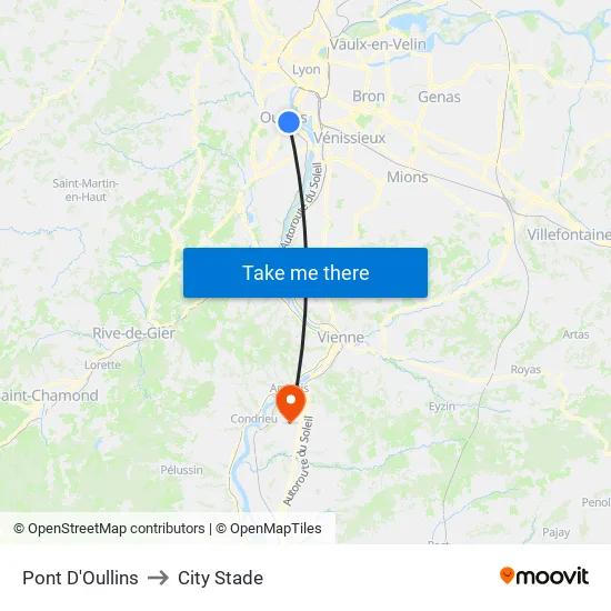 Pont D'Oullins to City Stade map