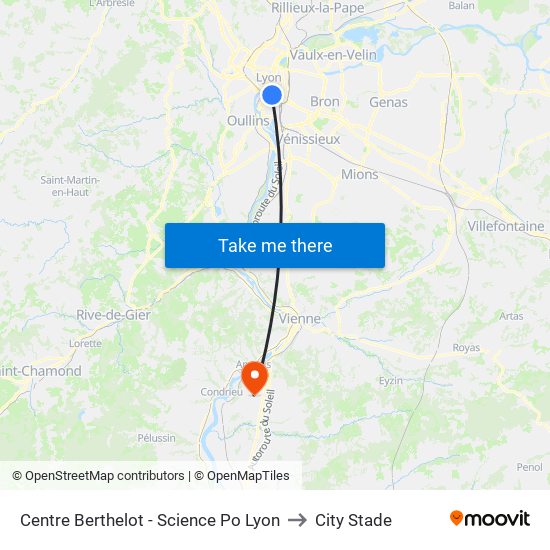 Centre Berthelot - Science Po Lyon to City Stade map