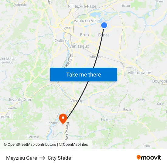 Meyzieu Gare to City Stade map