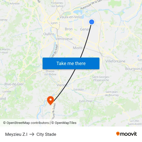 Meyzieu Z.I to City Stade map
