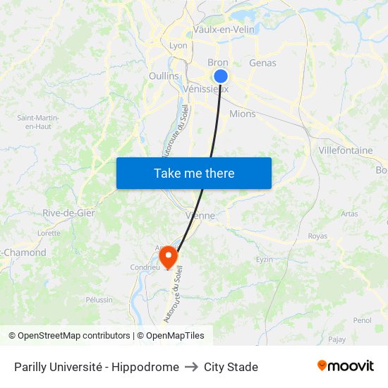 Parilly Université - Hippodrome to City Stade map
