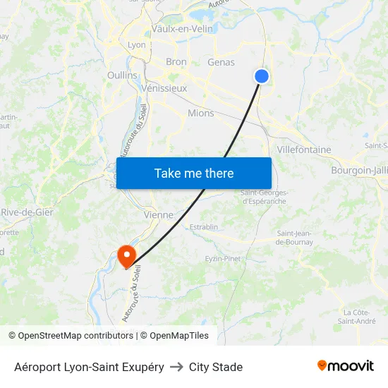 Aéroport Lyon-Saint Exupéry to City Stade map